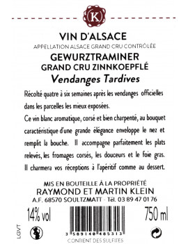 GEWURZTRAMINER GRAND CRU ZINNKOEPFLÉ VENDANGES TARDIVES